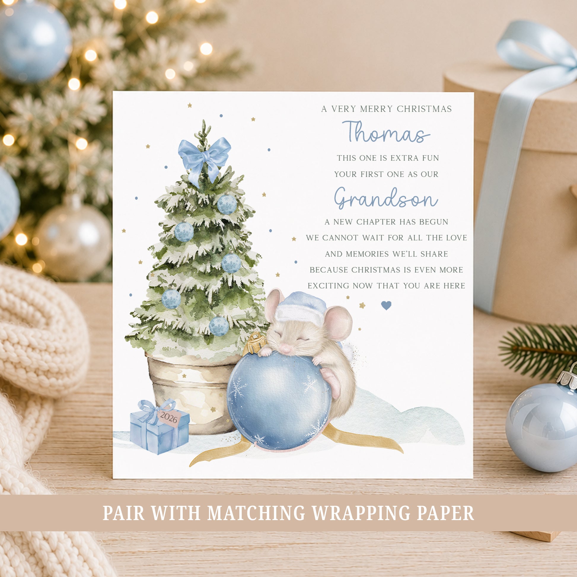 Personalised Baby’s First Christmas card with blue Christmas tree, cute mouse and bauble, personalised with a name and chosen relation.