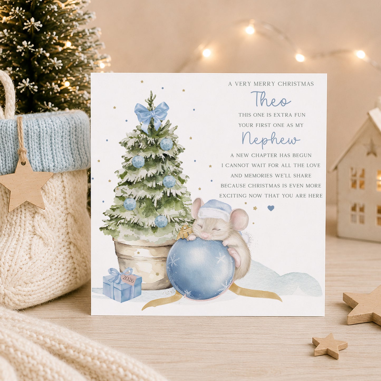 Personalised Baby’s First Christmas Wrapping Paper – Blue Christmas Mouse
