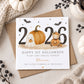 Personalised baby boy first Halloween card featuring a cute ghost, large orange pumpkin, teddy bear dressed as a pumpkin, bats and 2026 design with “The Cutest Pumpkin in the Patch” wording. Personalised with his name and available for Nephew, Grandson, Son, Godson, Little Boy and other relations.