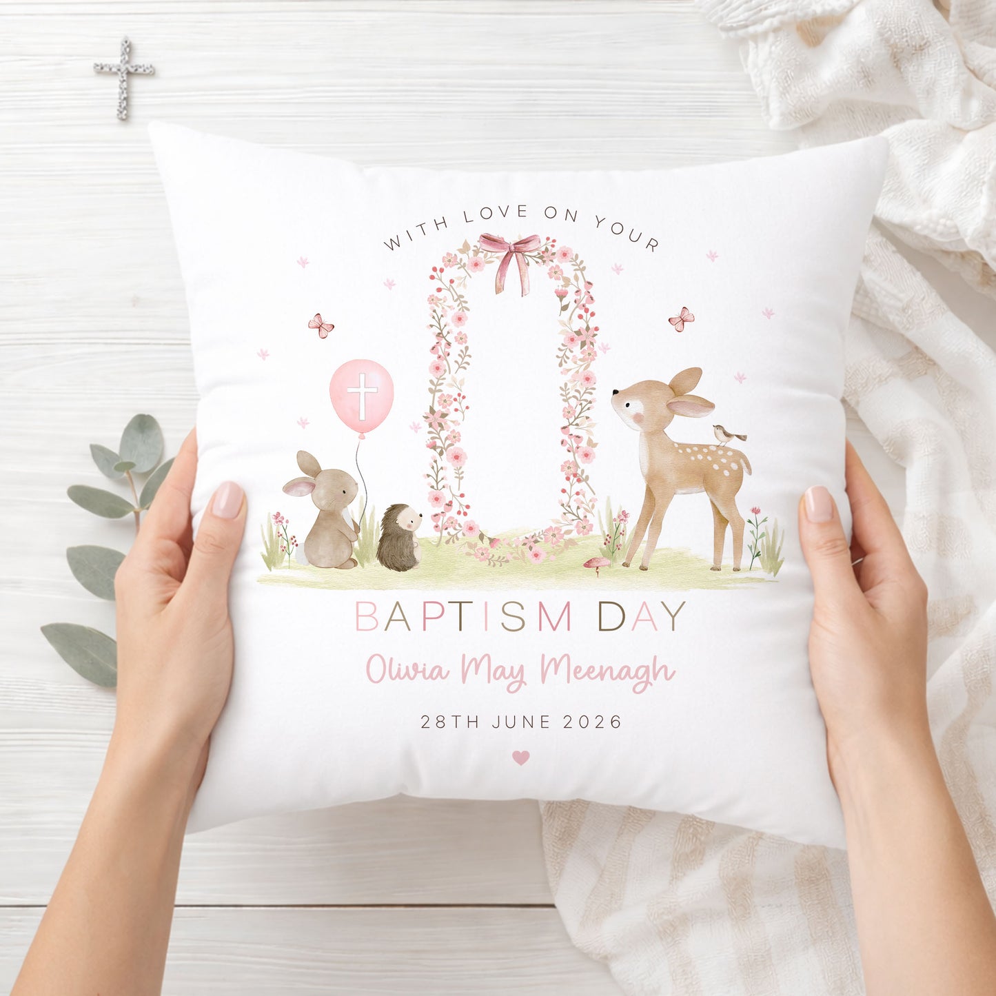 Personalised Girls Woodland Christening Baptism Cushion