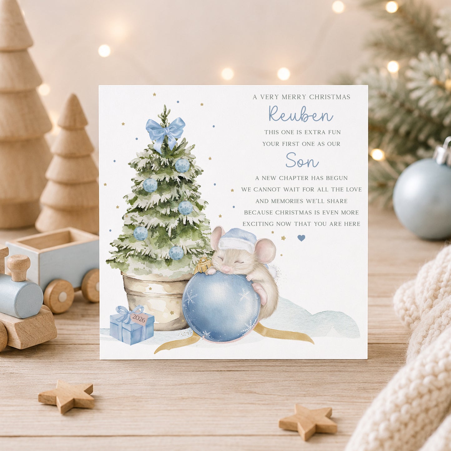 Personalised Baby’s First Christmas Wrapping Paper – Blue Christmas Mouse