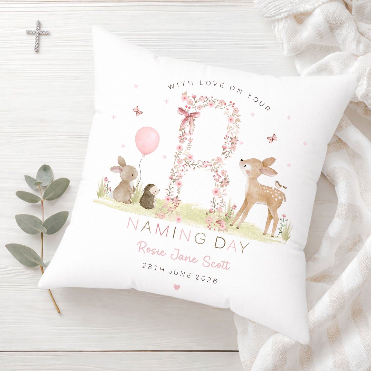 Personalised Girls Woodland Christening Baptism Cushion
