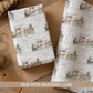 Personalised First Christmas wrapping paper featuring Santa on a festive train with woodland animals, personalised with a child’s name and relation.