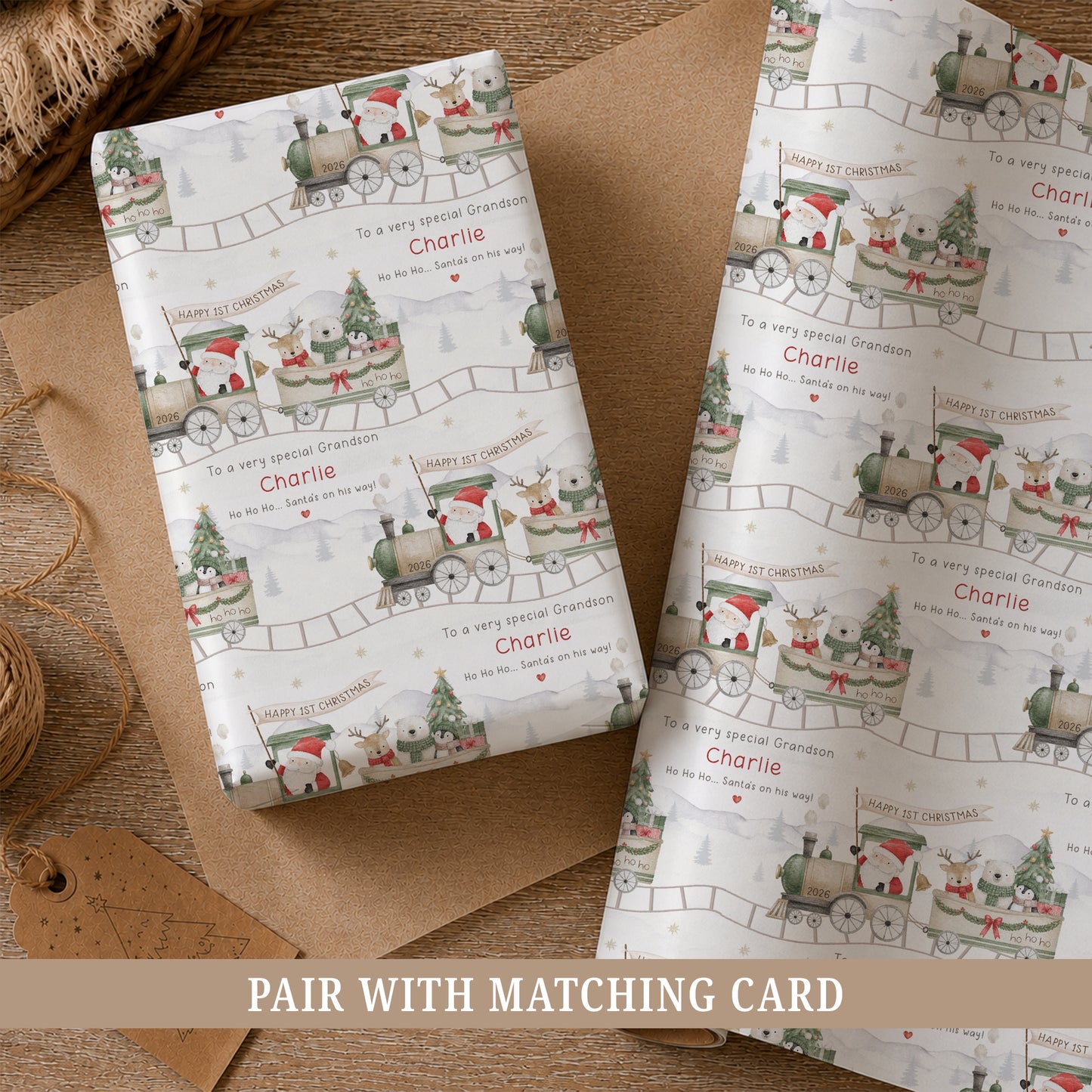 Personalised First Christmas wrapping paper featuring Santa on a festive train with woodland animals, personalised with a child’s name and relation.