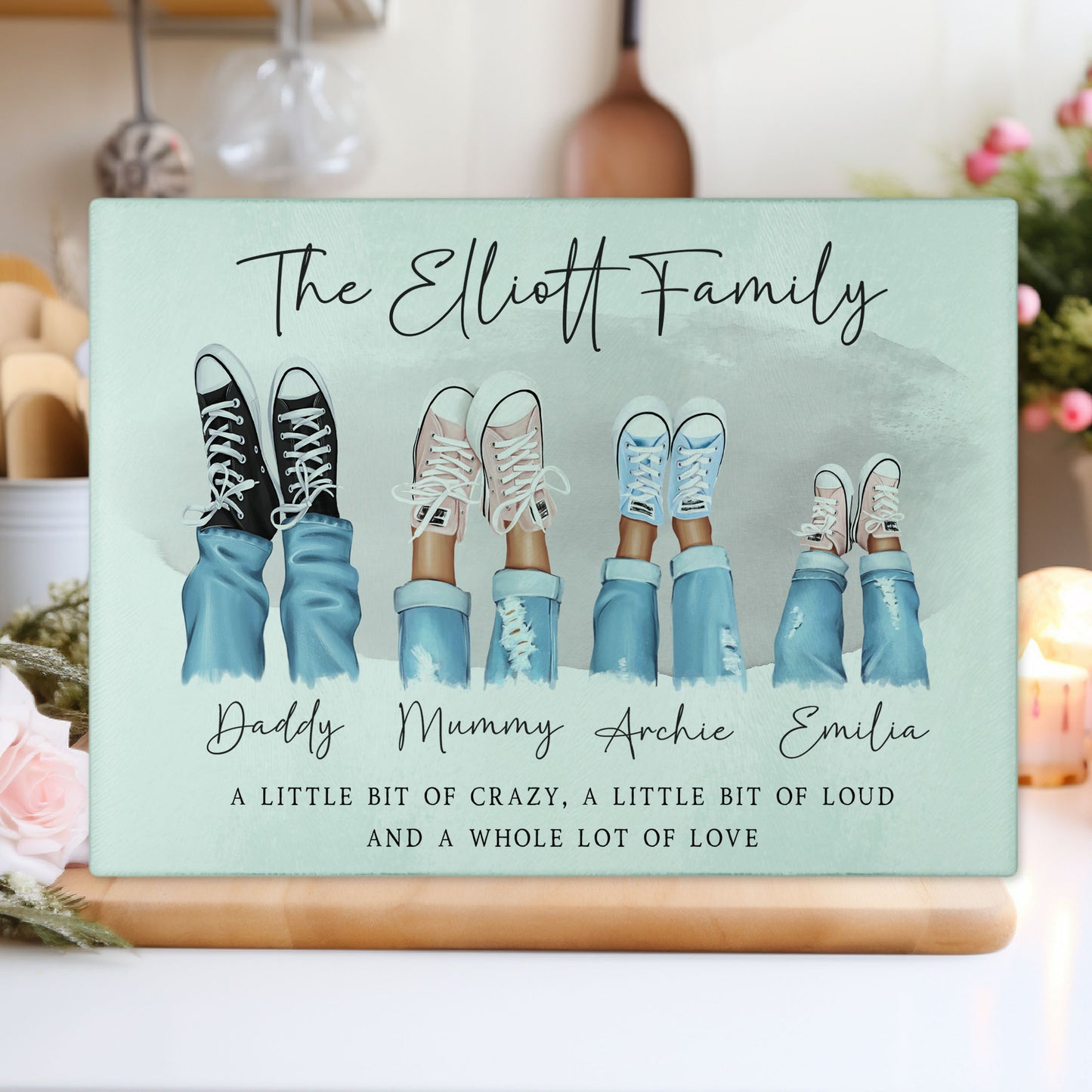 Personalised Family Hi Tops tempered glass chopping board with family names and trainer illustration