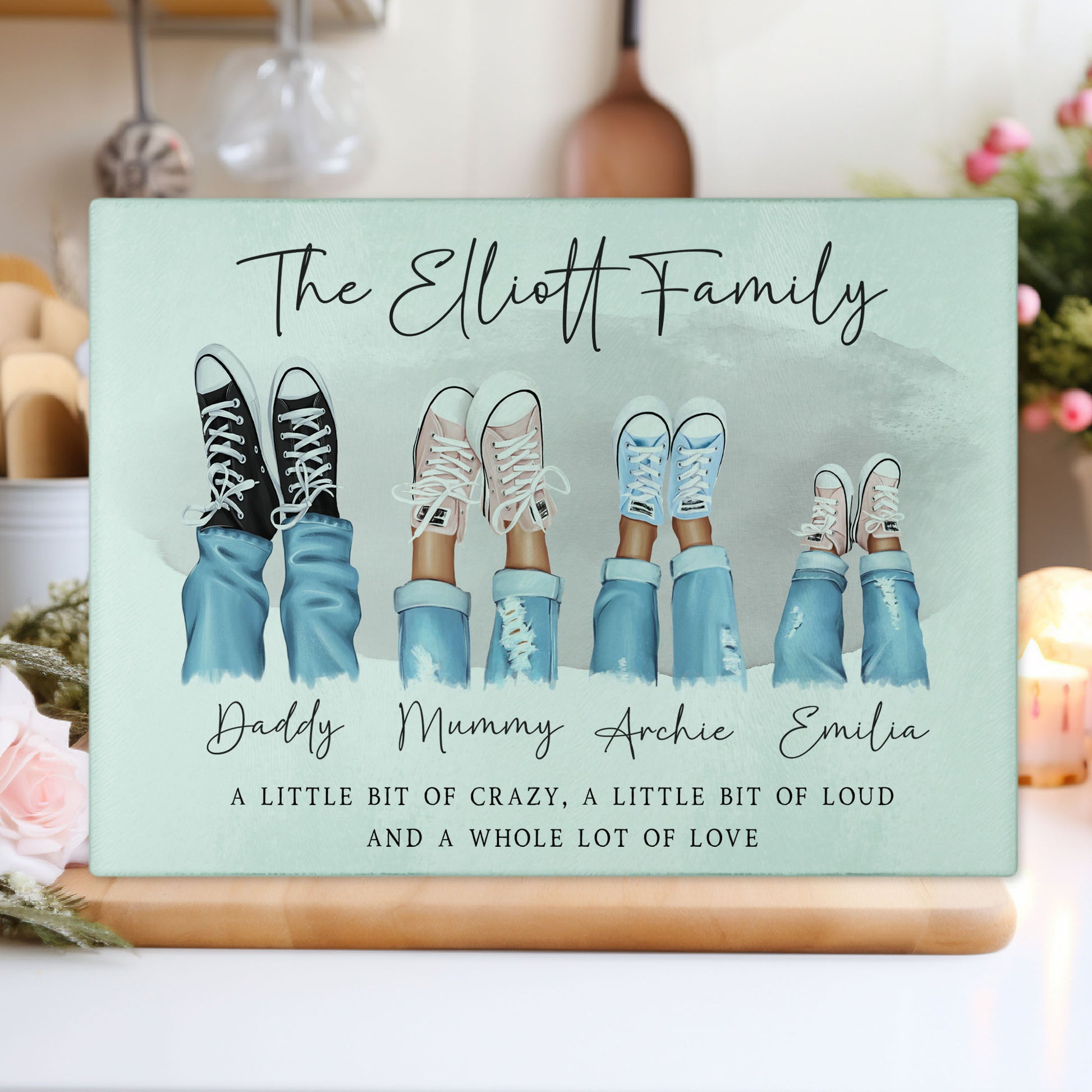 Personalised Family Hi Tops tempered glass chopping board with family names and trainer illustration