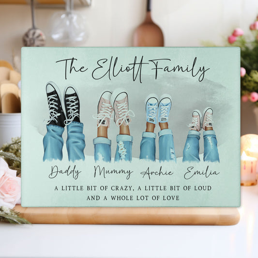 Personalised Family Hi Tops tempered glass chopping board with family names and trainer illustration