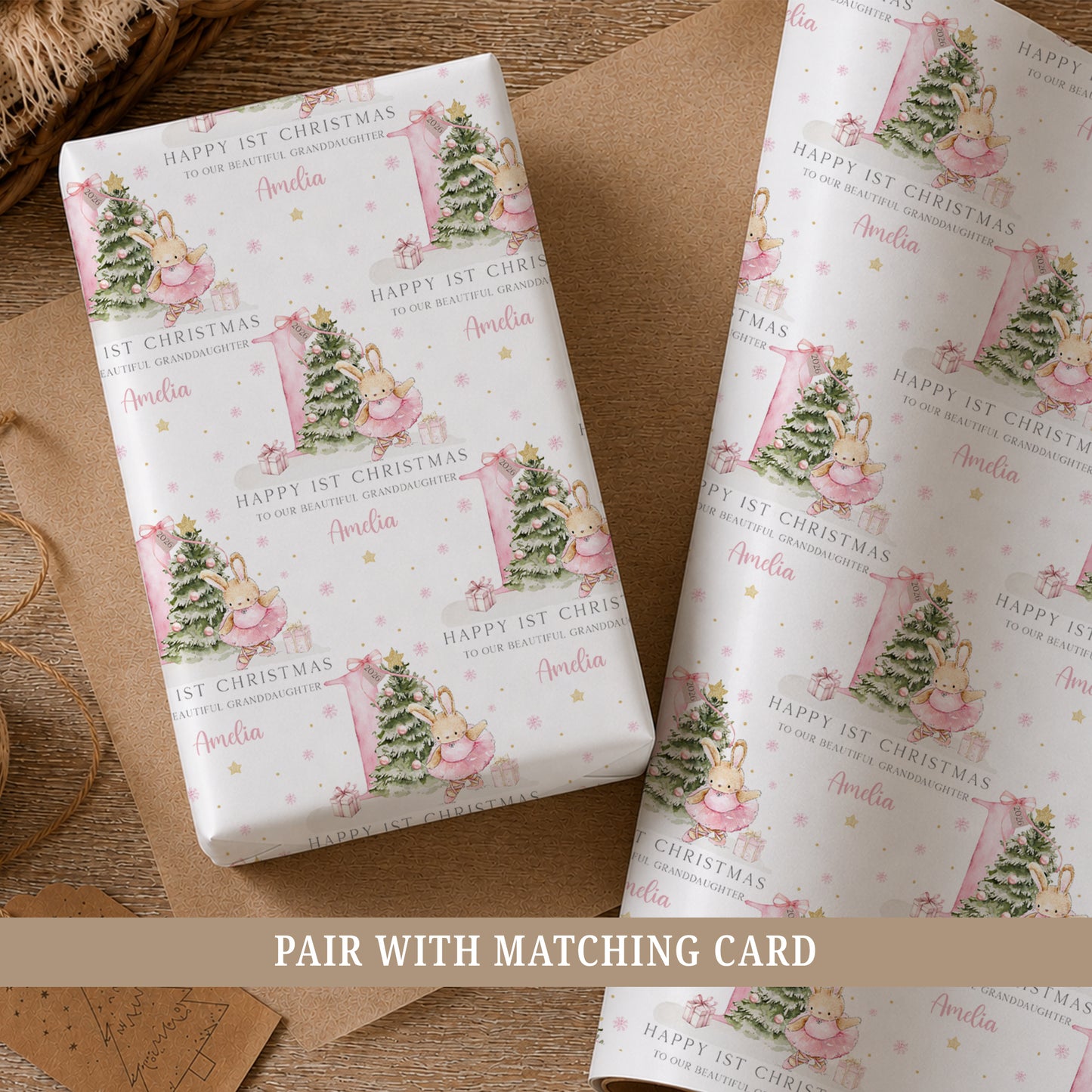 Personalised First Christmas wrapping paper for Daughter with pink ballerina bunny, Christmas tree and number one, customised with her name.