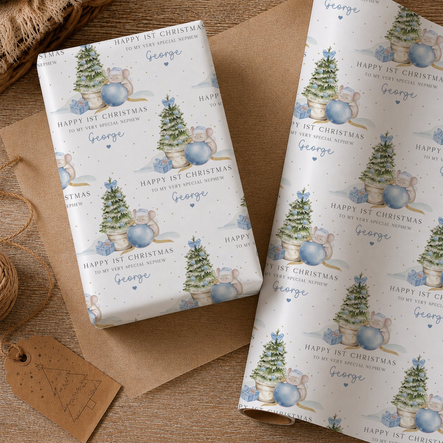 Personalised Baby’s First Christmas Wrapping Paper – Blue Christmas Mouse