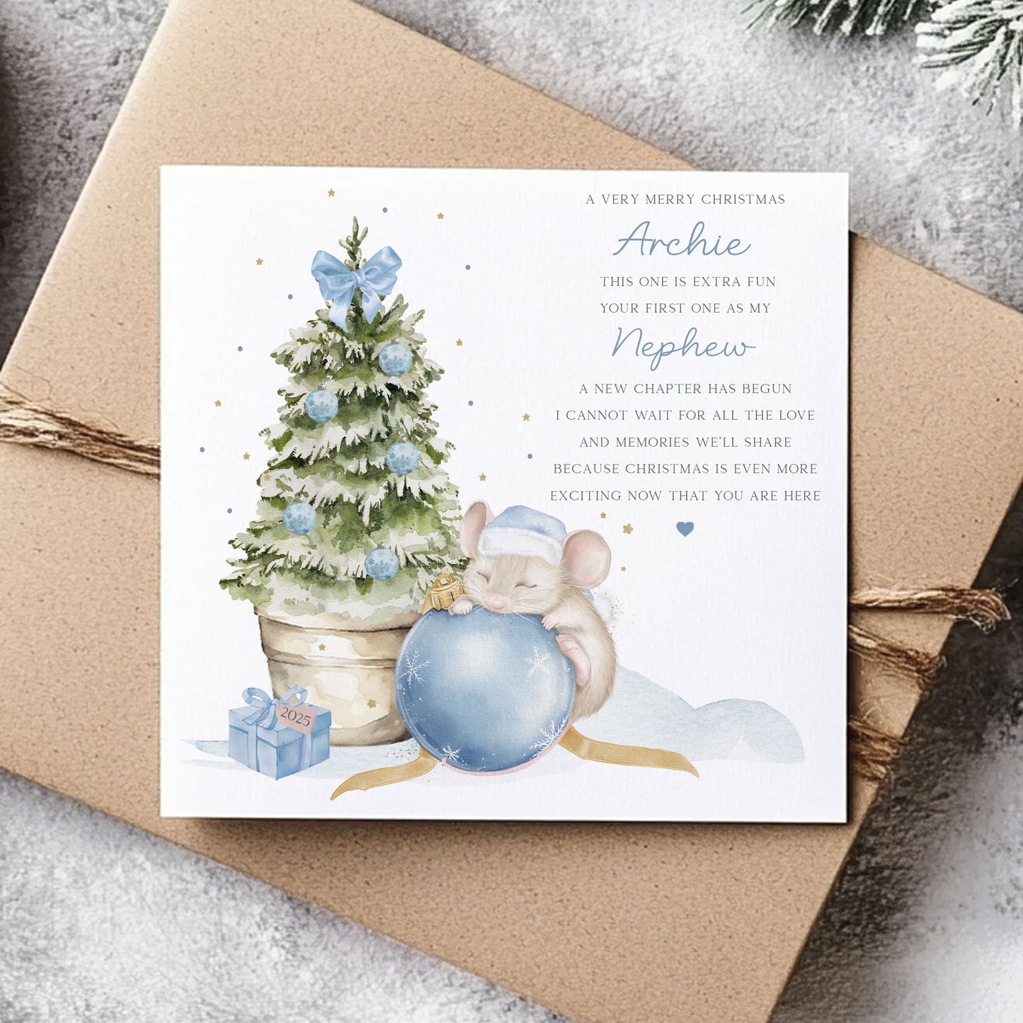 Personalised Baby Boy's Blue Mouse First Christmas Card
