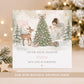 Personalised fairy Christmas card for girls featuring a hand-painted fairy, deer, decorated Christmas tree, presents and snowy woodland scene, personalised with a name and relation for Daughter, Granddaughter, Niece or Goddaughter.