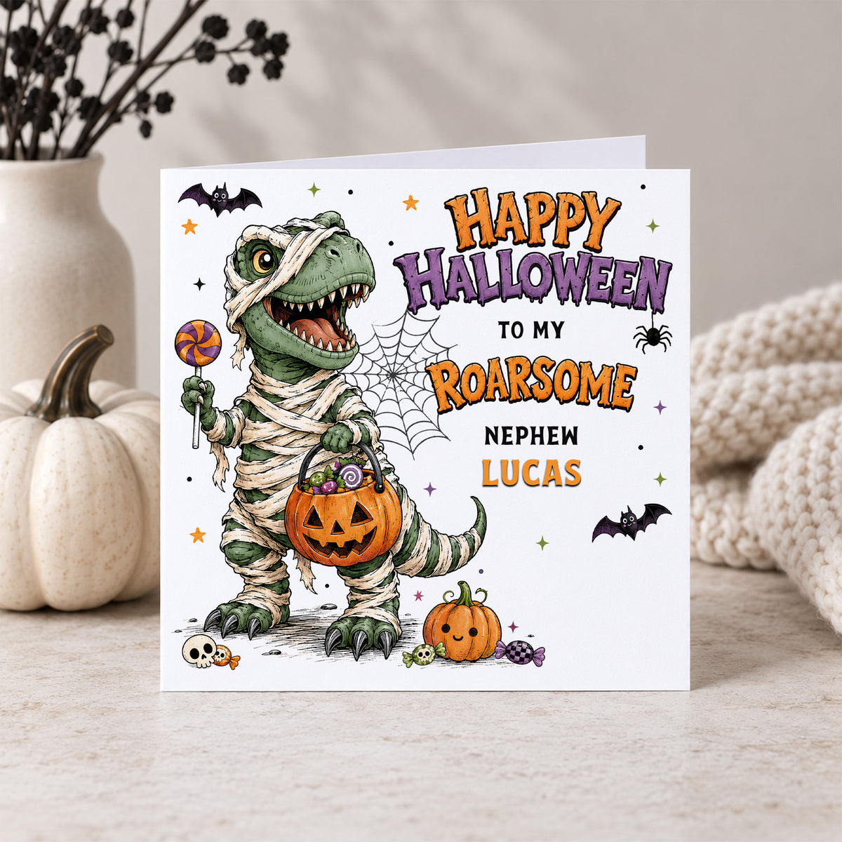 Personalised Grandson Halloween Card – Mummy Dinosaur