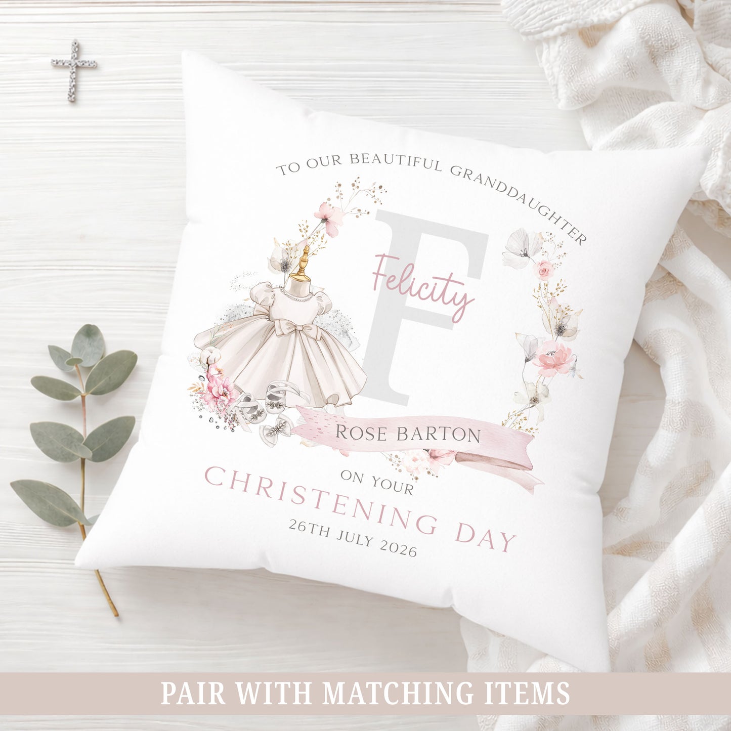 Personalised Floral Dress Christening Baptism Cushion