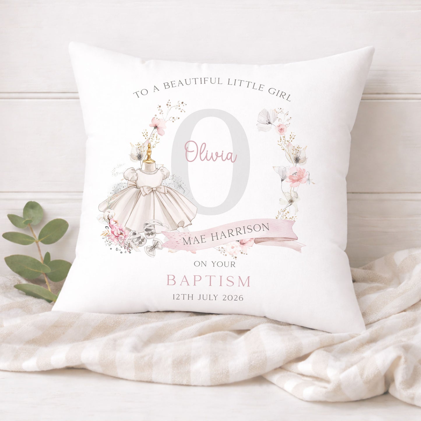 Personalised Floral Dress Christening Baptism Cushion
