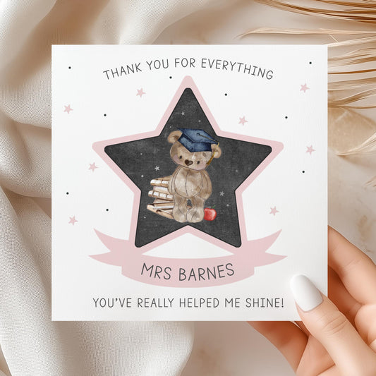 Personalised Pink Bear Star Teacher Thank You Card