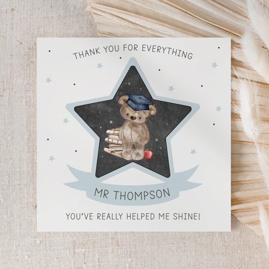 Personalised Blue Bear Star Teacher Thank You Card
