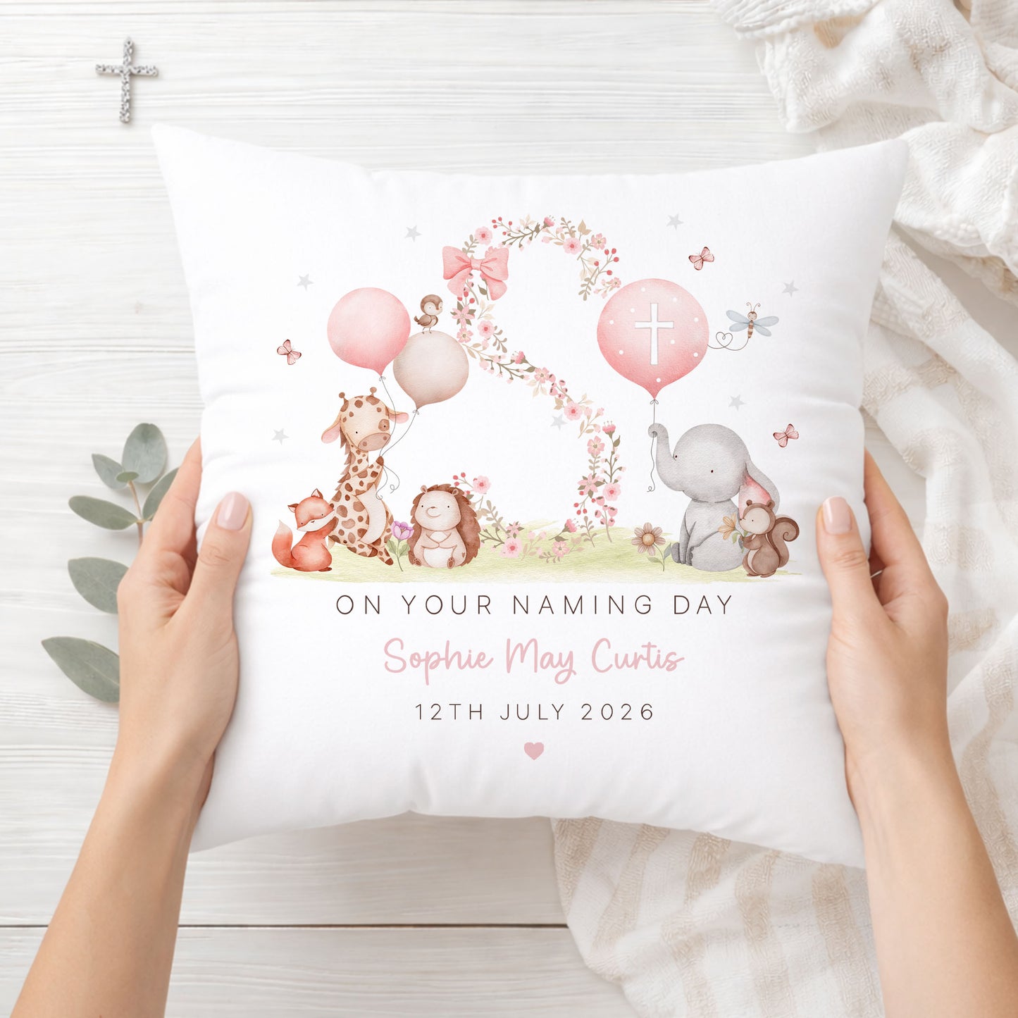 Personalised Girl's Floral Christening Baptism Cushion
