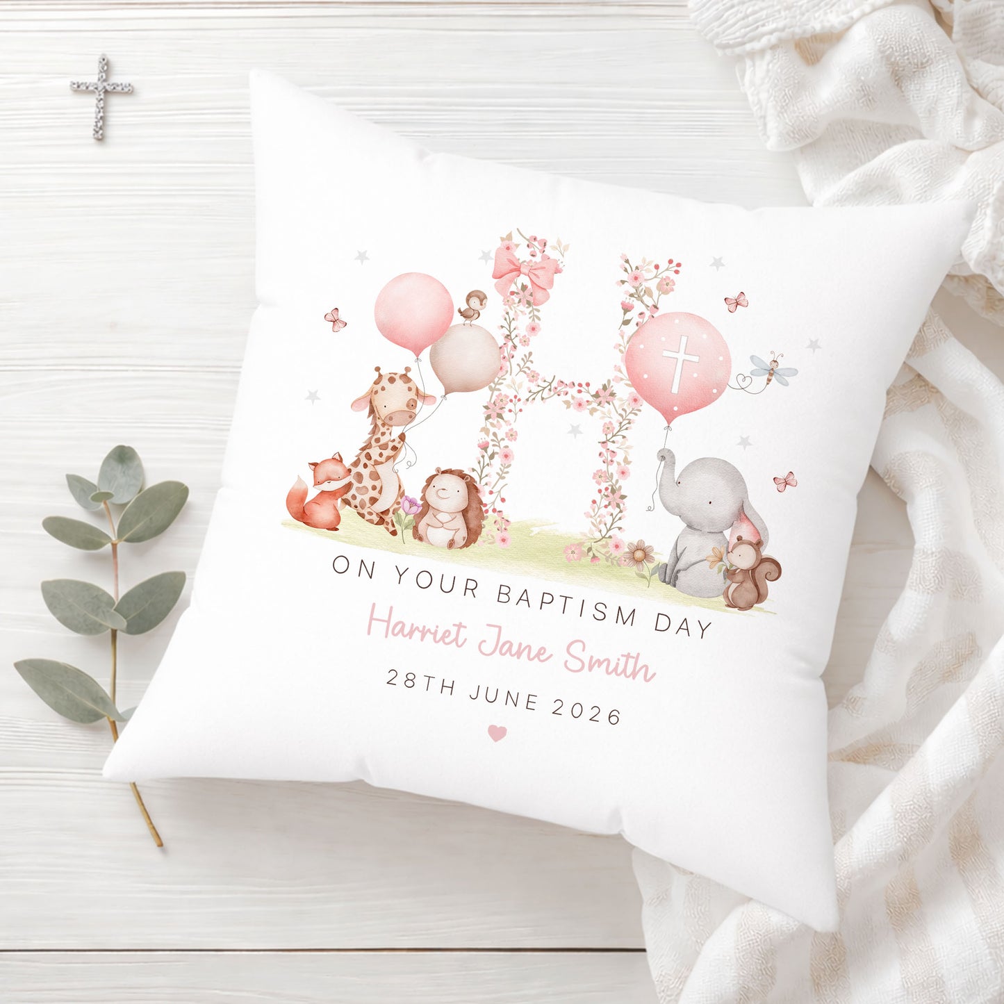 Personalised Girl's Floral Christening Baptism Cushion