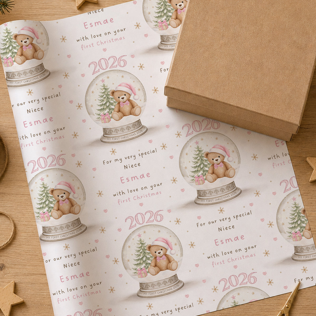 Personalised Pink First Christmas Wrapping Paper – Teddy Bear