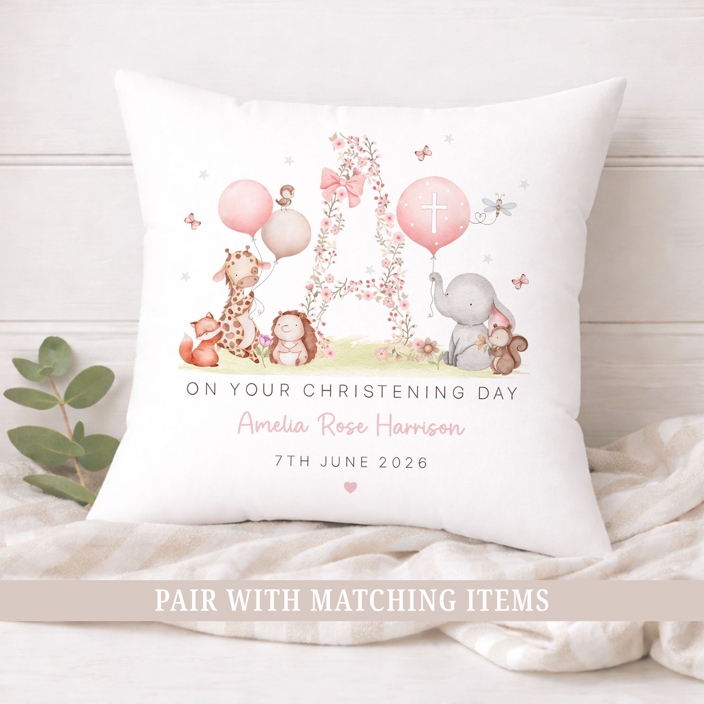 Personalised Girl's Floral Christening Baptism Cushion