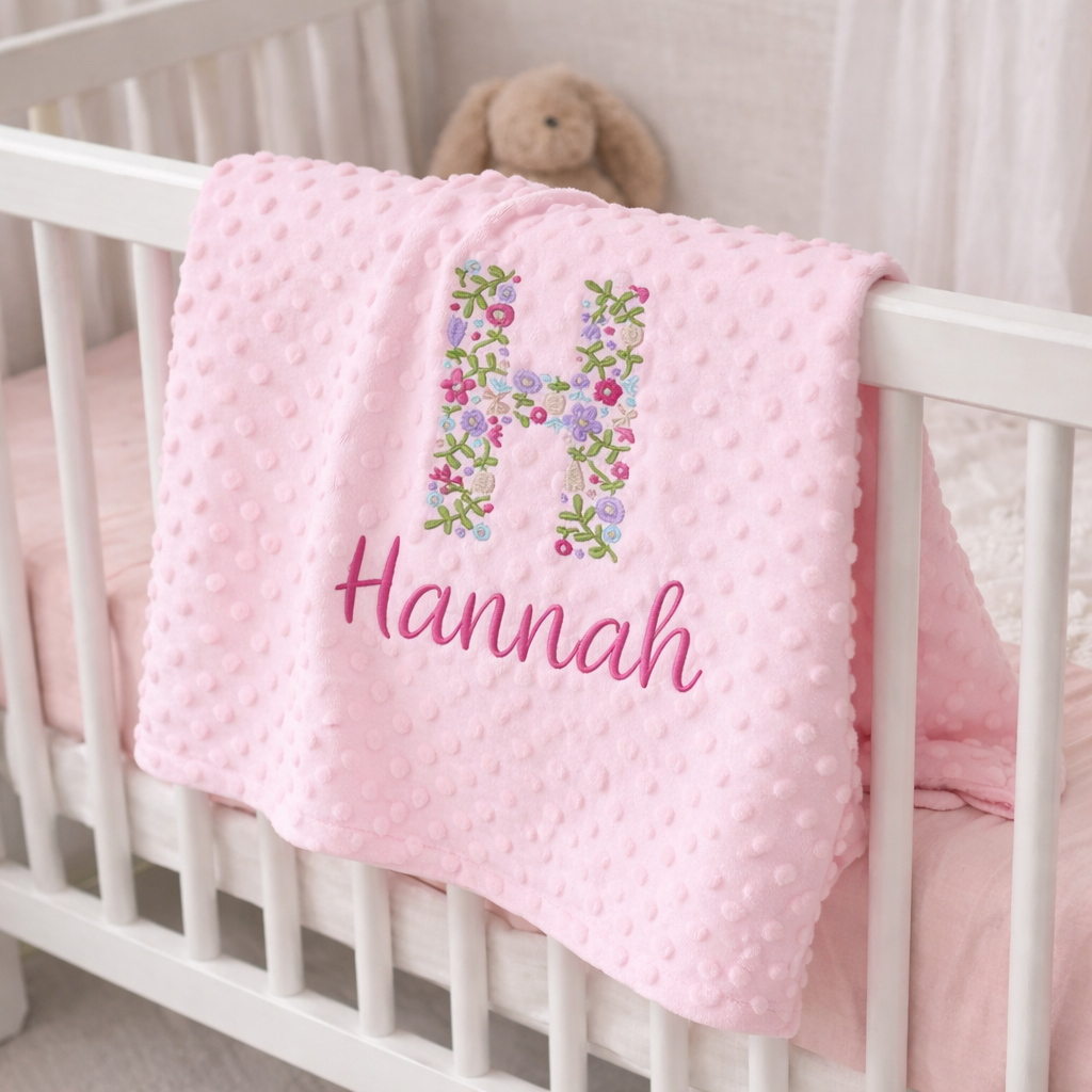 Personalised Pink Floral Initial Embroidered Baby Blanket