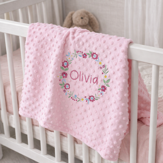 Personalised Pink Floral Wreath Embroidered Baby Blanket