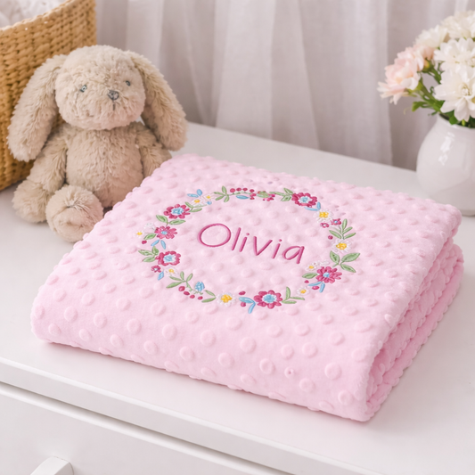 Personalised Pink Floral Wreath Embroidered Baby Blanket