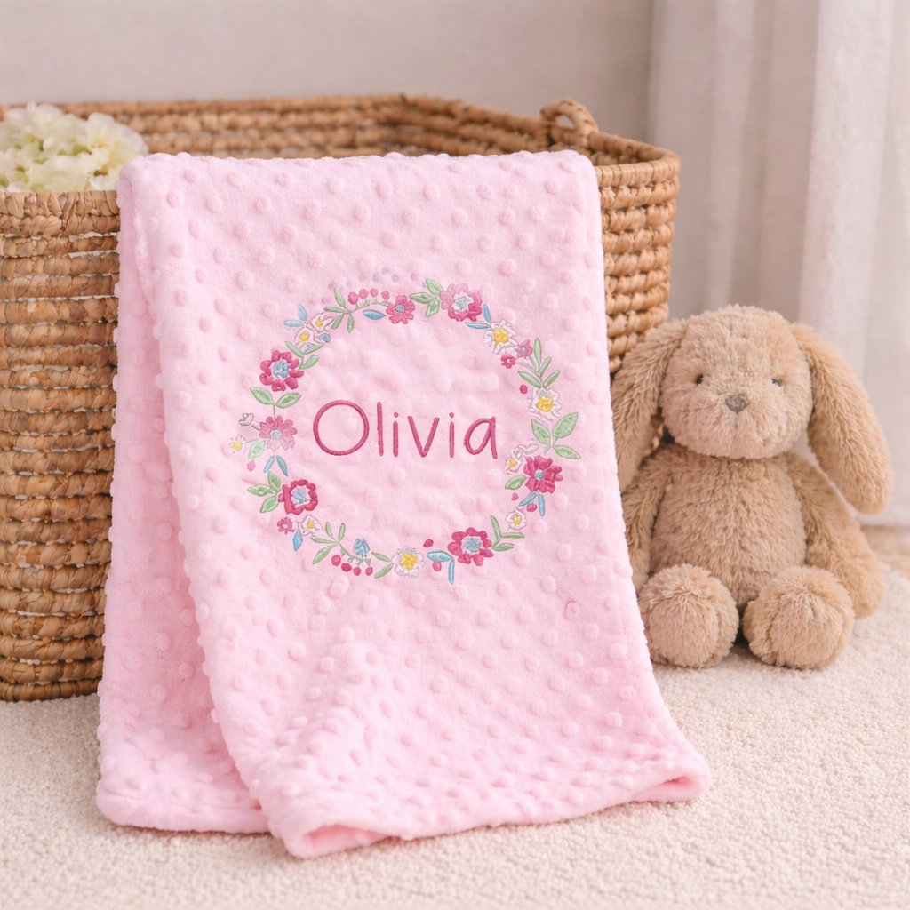 Personalised Pink Floral Wreath Embroidered Baby Blanket