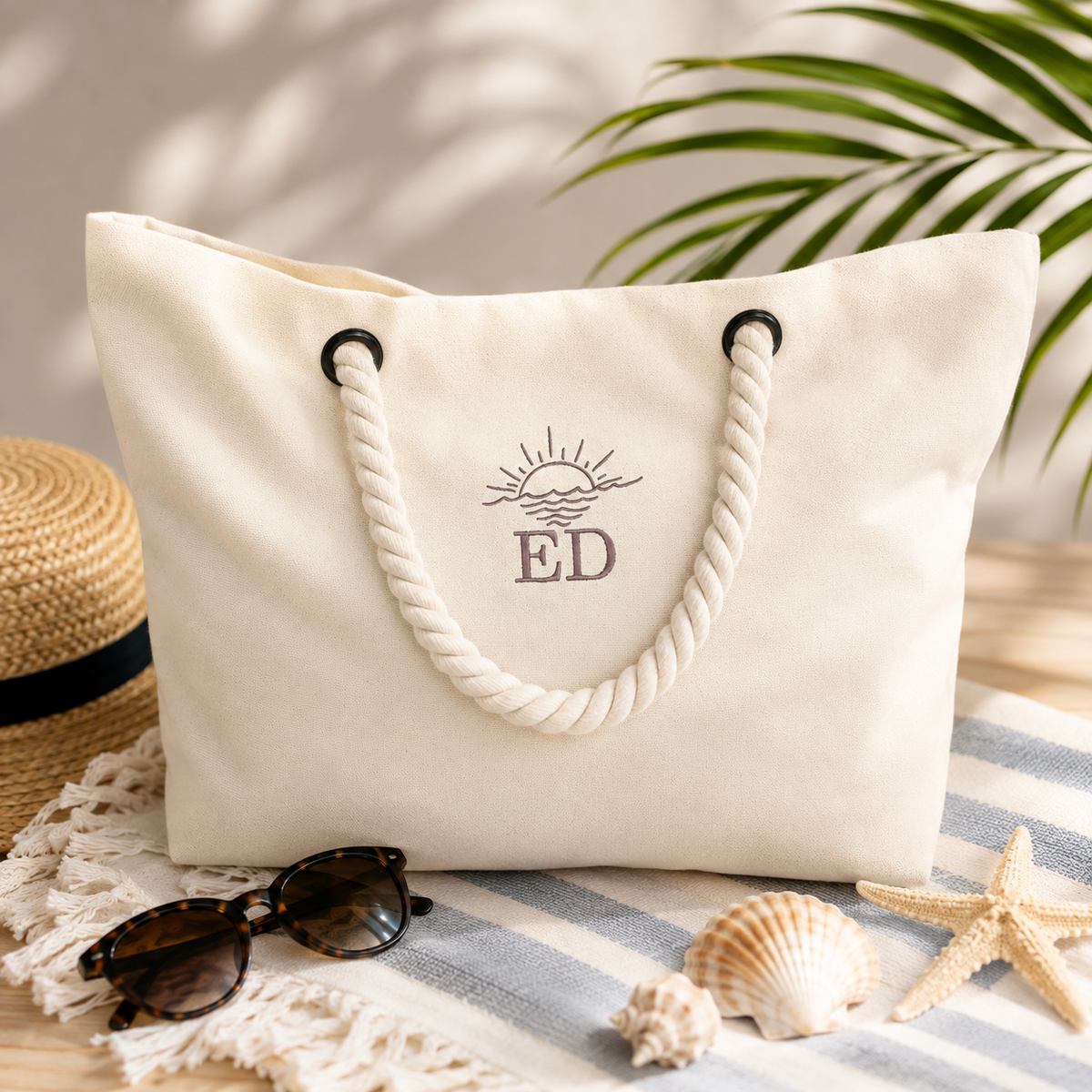 Personalised embroidered beach bag with custom initials, sun and wave design, cream cotton canvas and chunky rope handles, perfect for holidays, beach days and summer trips.
