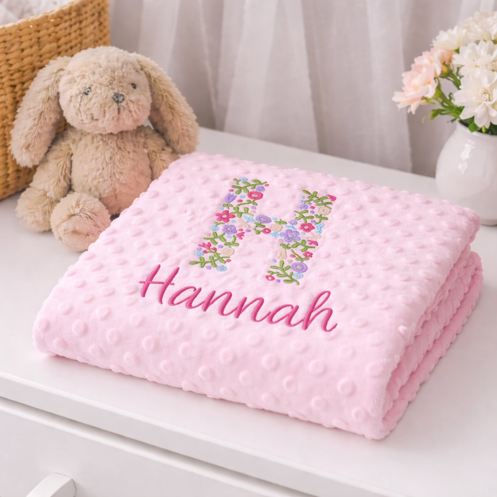 Personalised Pink Floral Initial Embroidered Baby Blanket