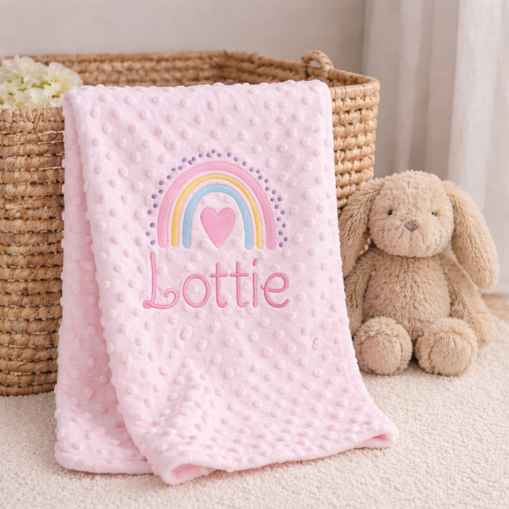 Personalised Pink Rainbow Embroidered Baby Blanket