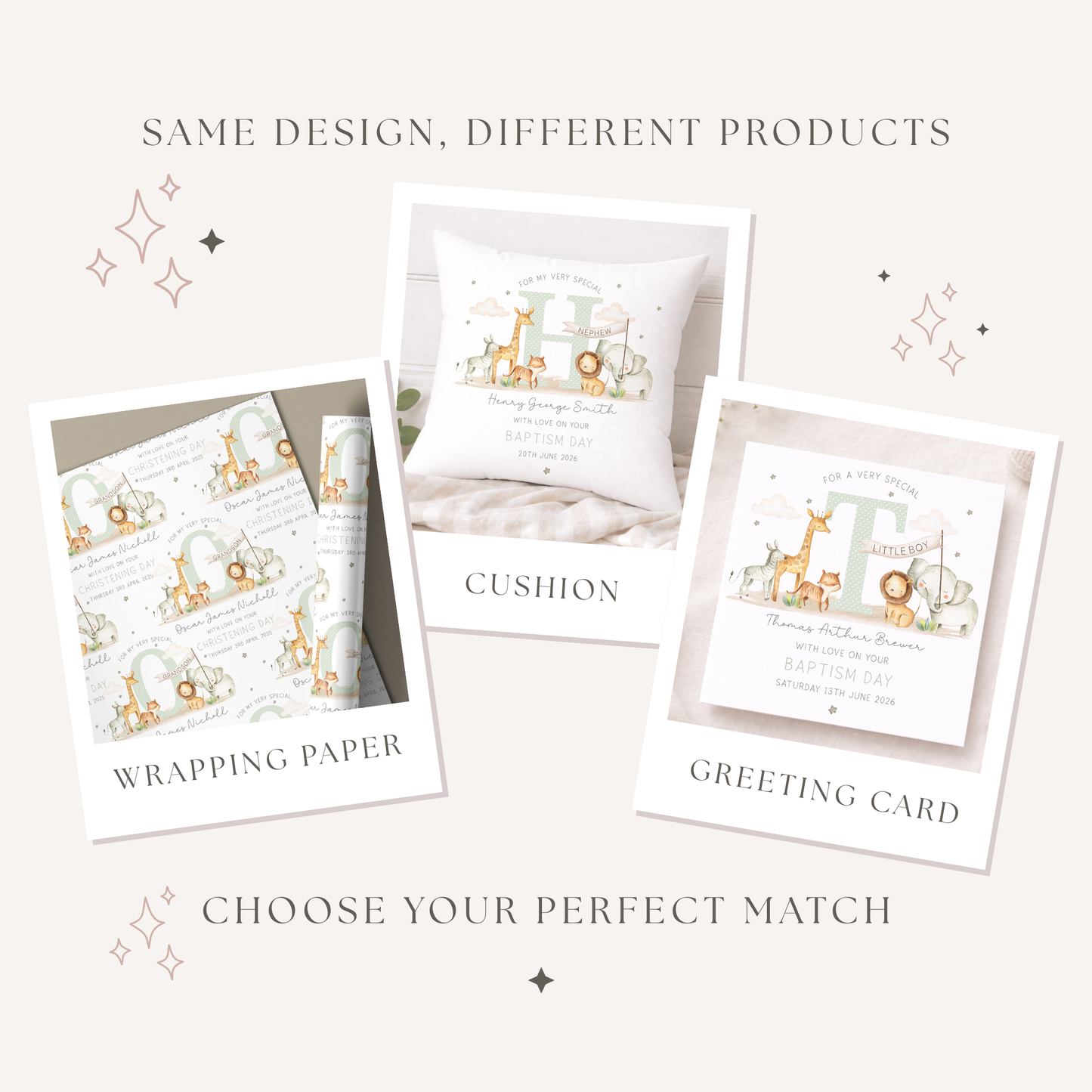 Personalised Green Safari Animals Christening Baptism Cushion