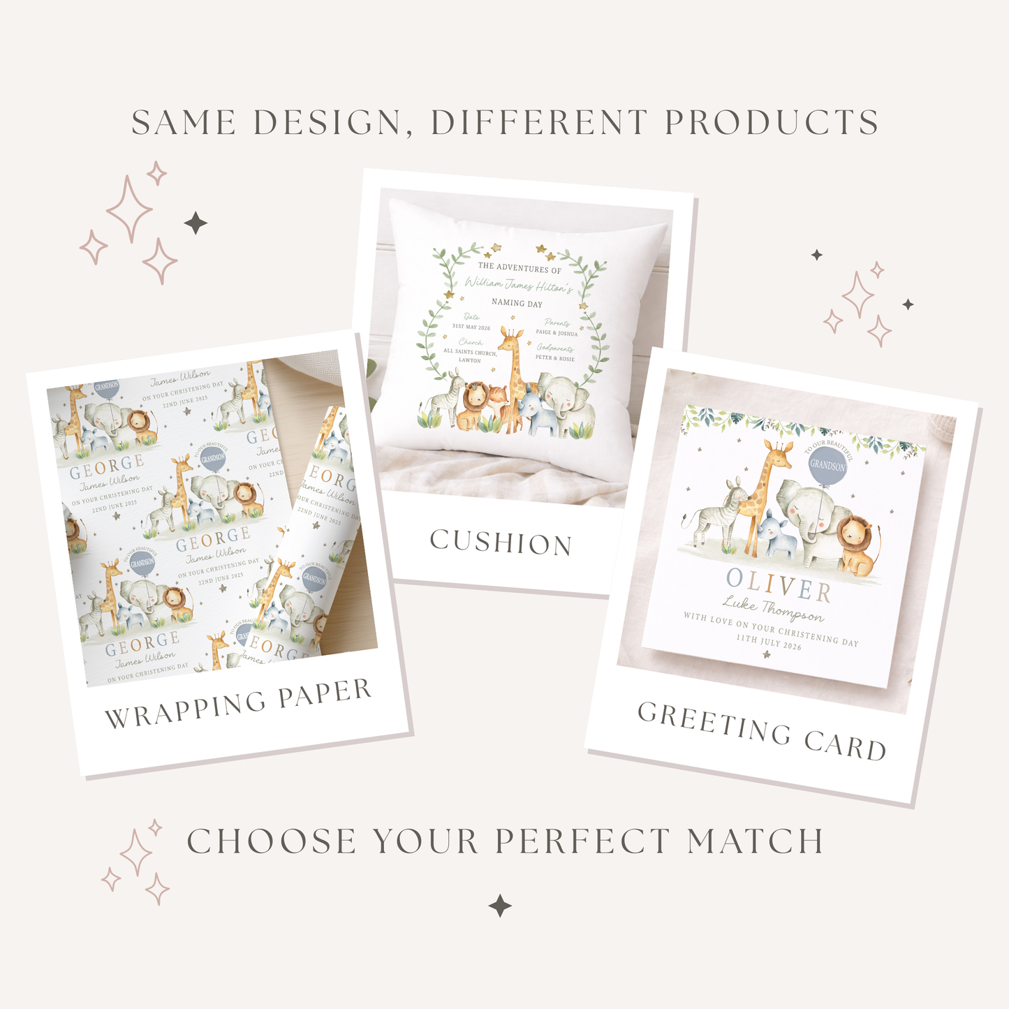 Personalised Safari Animals Christening Baptism Cushion