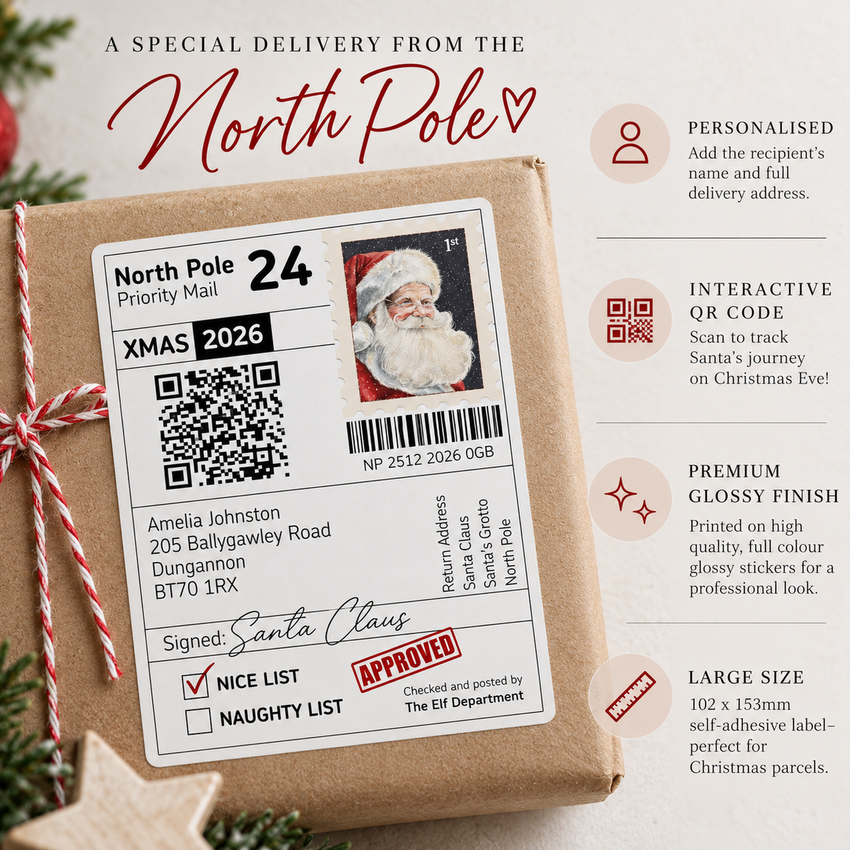 Personalised Santa Delivery Sticker – North Pole Christmas Parcel Label