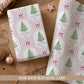 Personalised Christmas wrapping paper for her with pink stripes, bows and Christmas trees, customised with her name and relation.