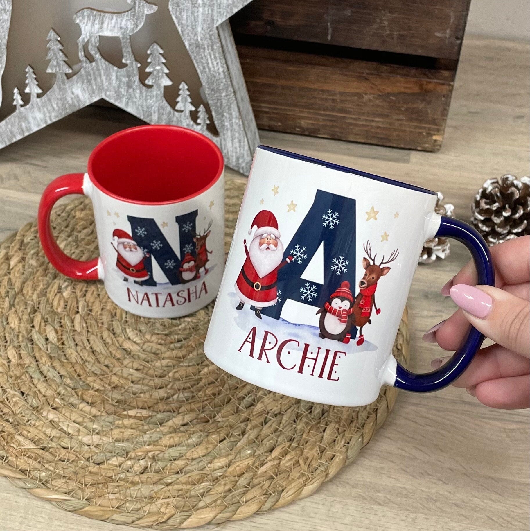 Personalised Christmas Mug, Red or Navy Santa & Reindeer Mug, Christmas Movie Mug, Hot Chocolate Mug, Christmas Eve Box, Stocking Filler