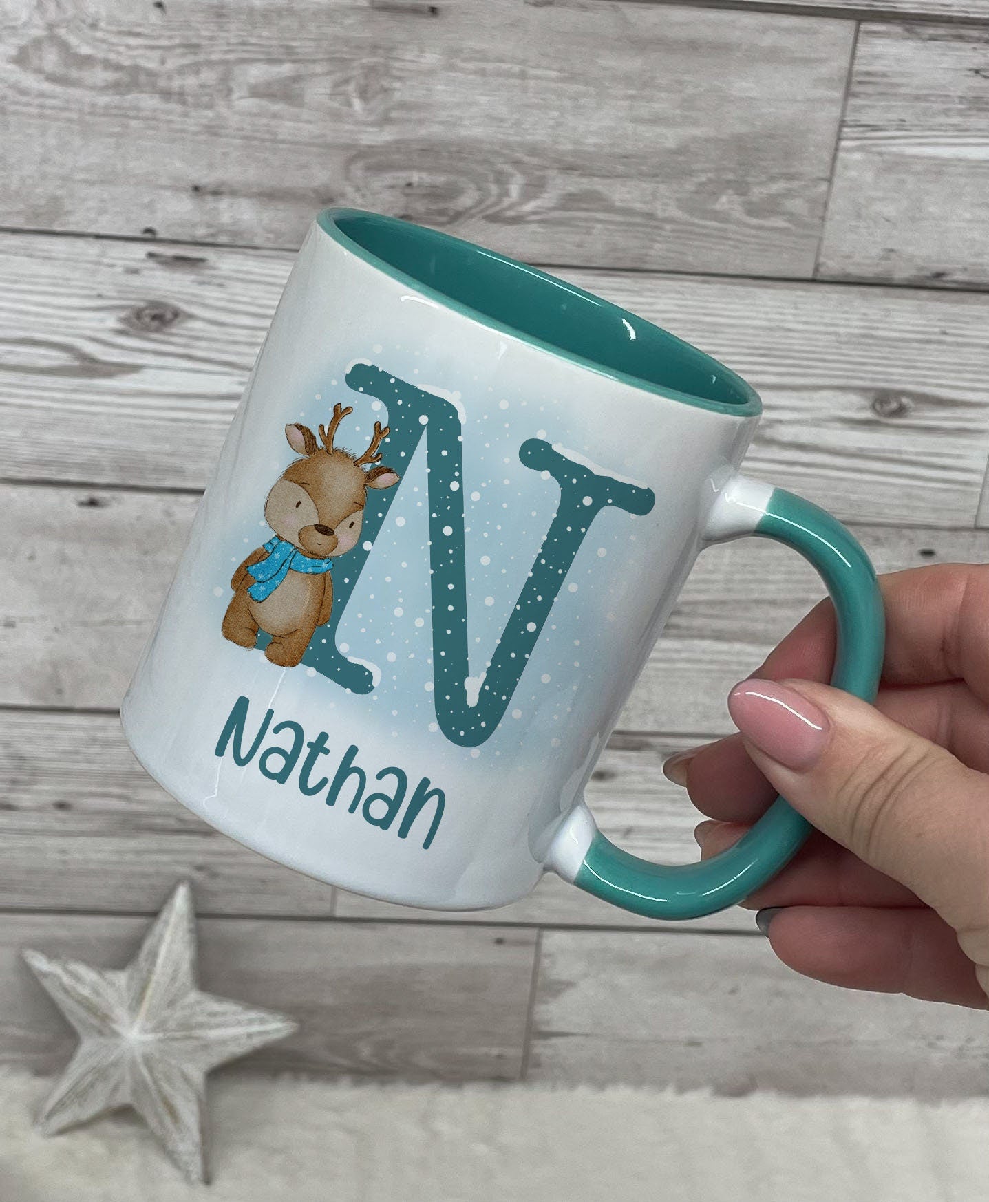 Personalised Christmas Mug, Red or Teal Reindeer Alphabet Mug, Christmas Movie Mug, Hot Chocolate Mug, Christmas Eve Box, Stocking Filler