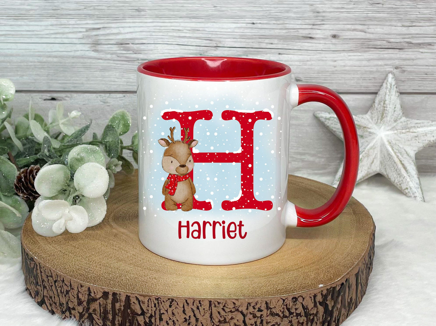 Personalised Christmas Mug, Red or Teal Reindeer Alphabet Mug, Christmas Movie Mug, Hot Chocolate Mug, Christmas Eve Box, Stocking Filler