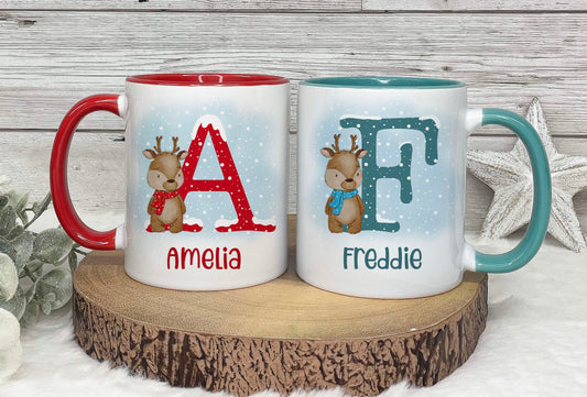 Personalised Christmas Mug, Red or Teal Reindeer Alphabet Mug, Christmas Movie Mug, Hot Chocolate Mug, Christmas Eve Box, Stocking Filler