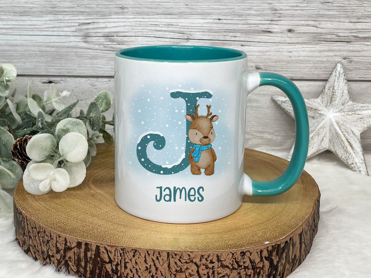 Personalised Christmas Mug, Red or Teal Reindeer Alphabet Mug, Christmas Movie Mug, Hot Chocolate Mug, Christmas Eve Box, Stocking Filler