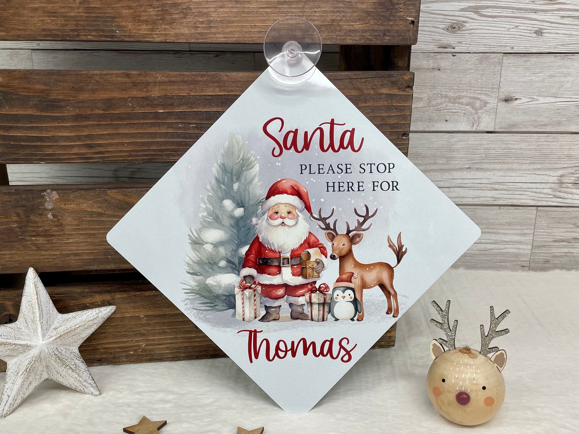 Santa Please Stop Here Personalised Aluminiuim Window Sign with Suction Cups, Santa Stop Here Kids Christmas Sign, Xmas Eve Box, 2 Sizes