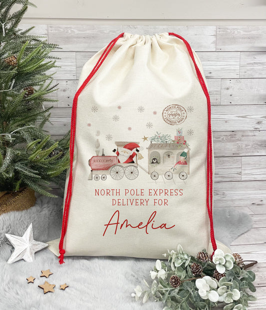 Personalised Santa Sack, Christmas Sack, Christmas Boys and Girls Present Sack, Christmas Toy Sack Santa's North Pole Express Delivery Train