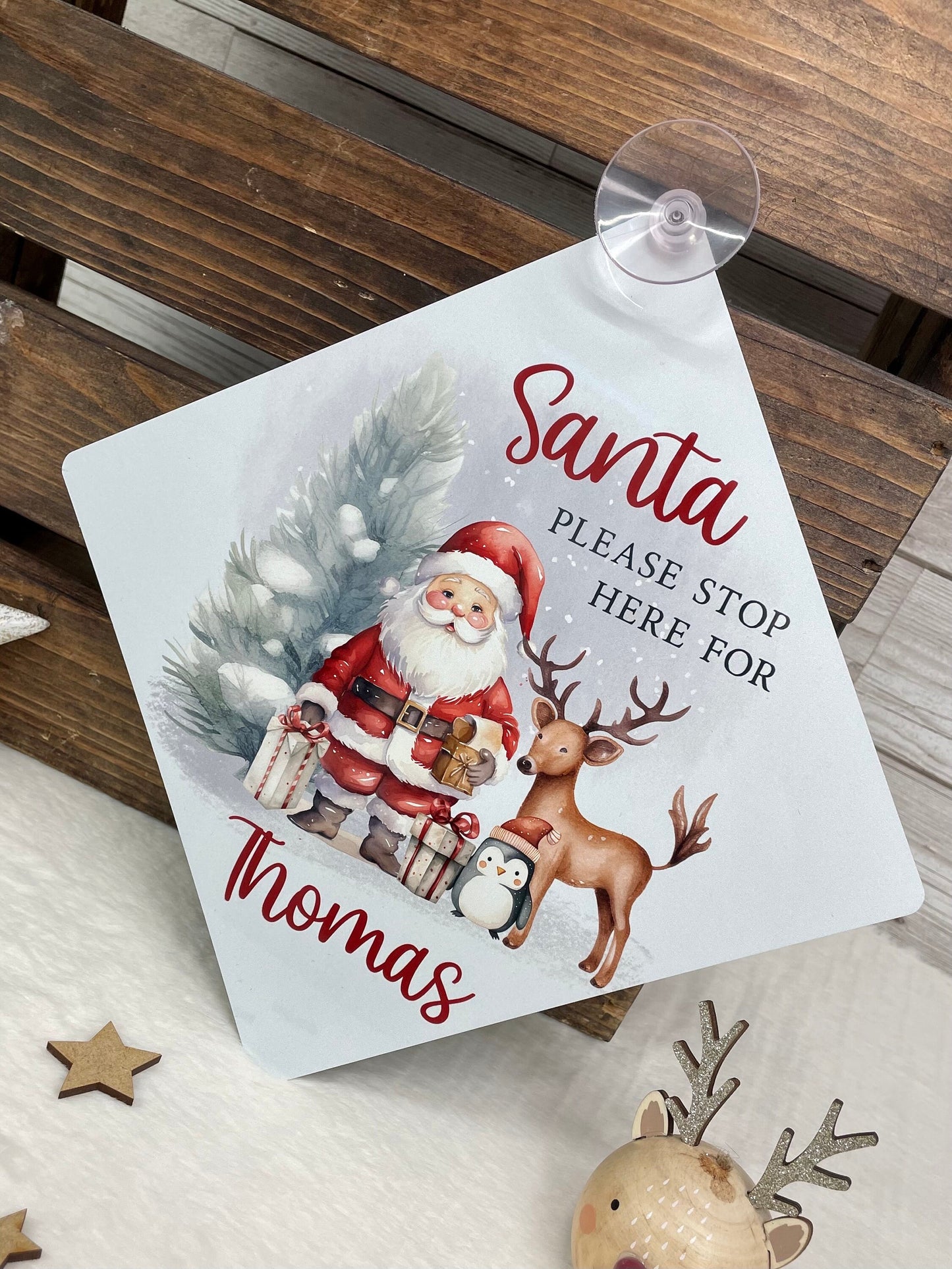 Santa Please Stop Here Personalised Aluminiuim Window Sign with Suction Cups, Santa Stop Here Kids Christmas Sign, Xmas Eve Box, 2 Sizes