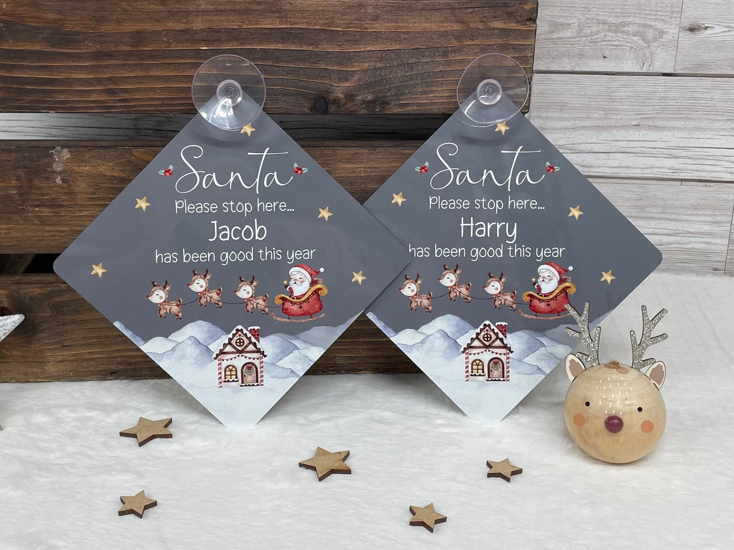 Santa Please Stop Here Personalised Aluminiuim Window Sign with Suction Cups, Santa Stop Here Kids Christmas Sign, Xmas Eve Box, 2 Sizes