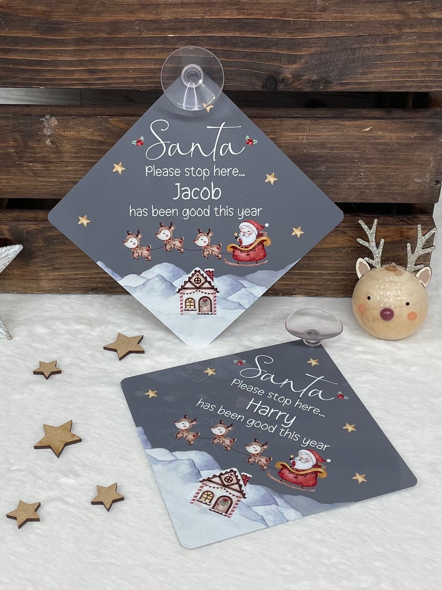 Santa Please Stop Here Personalised Aluminiuim Window Sign with Suction Cups, Santa Stop Here Kids Christmas Sign, Xmas Eve Box, 2 Sizes