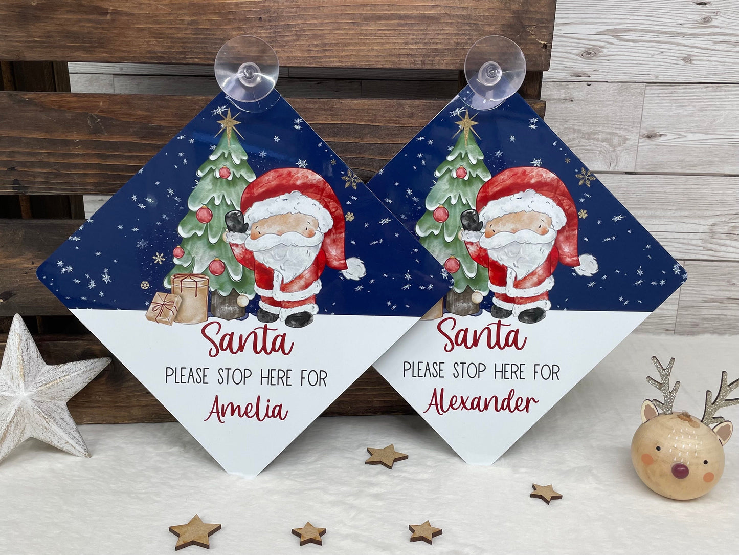 Santa Please Stop Here Personalised Aluminiuim Window Sign with Suction Cups, Santa Stop Here Kids Christmas Sign, Xmas Eve Box, 2 Sizes