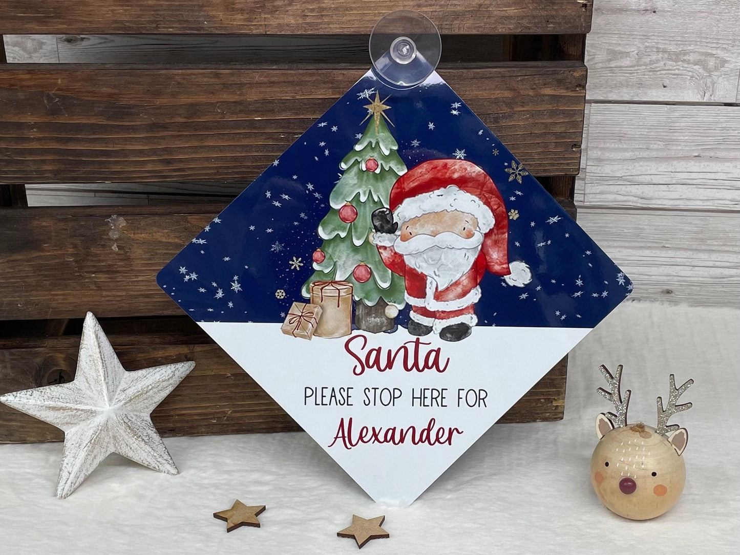 Santa Please Stop Here Personalised Aluminiuim Window Sign with Suction Cups, Santa Stop Here Kids Christmas Sign, Xmas Eve Box, 2 Sizes