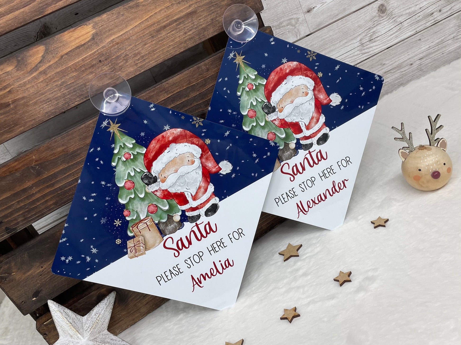 Santa Please Stop Here Personalised Aluminiuim Window Sign with Suction Cups, Santa Stop Here Kids Christmas Sign, Xmas Eve Box, 2 Sizes