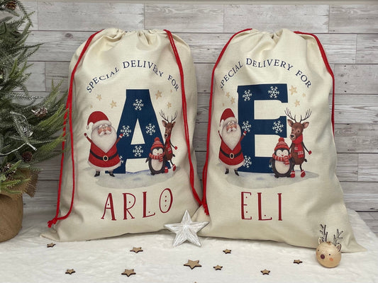 Personalised Santa Sack, Christmas Sack, Christmas Present Sack for Boys & Girls, Christmas Toy Sack with Initial and Name, Xmas Gift Bag