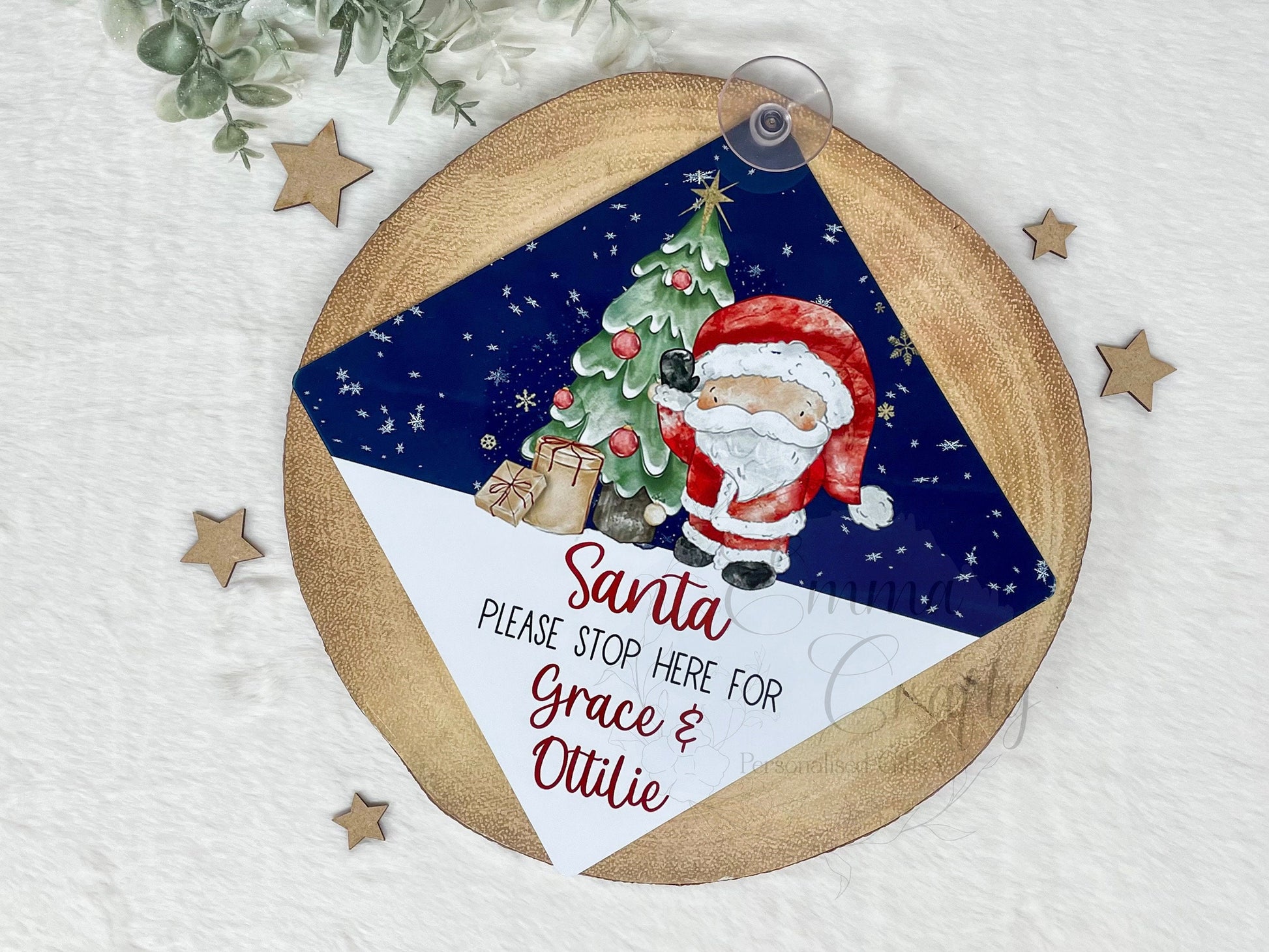 Santa Please Stop Here Personalised Aluminiuim Window Sign with Suction Cups, Santa Stop Here Kids Christmas Sign, Xmas Eve Box, 2 Sizes